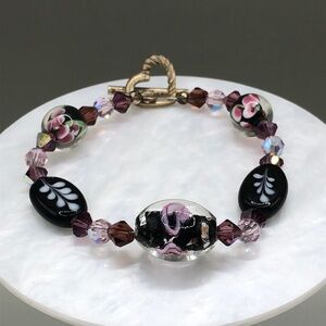 Murano art glass style beaded heart toggle clasp bracelet